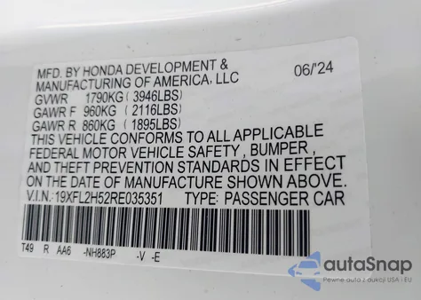 2024 Honda Civic Lx из США, поврежденный, VIN 19XFL2H52RE035351